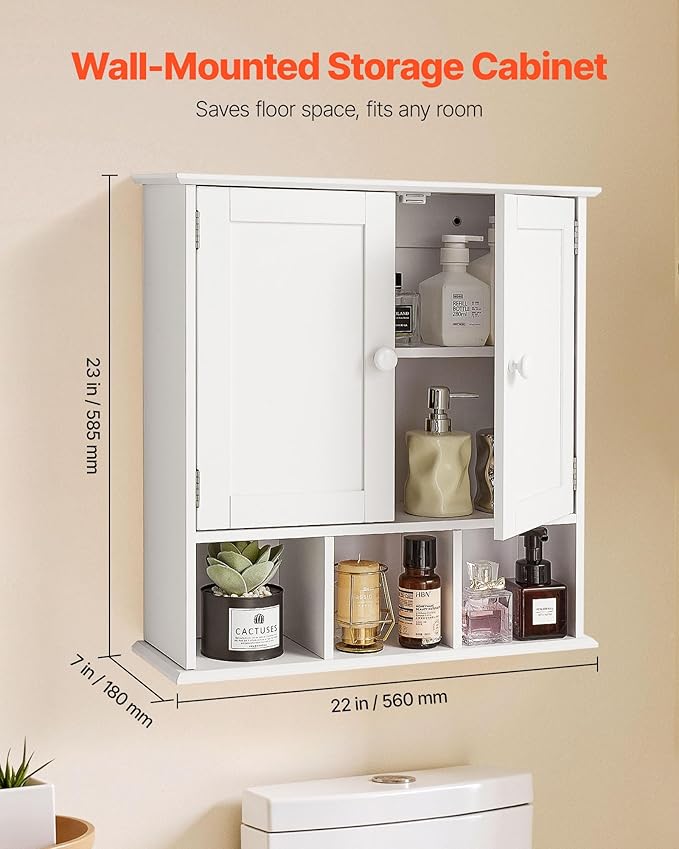 VEVOR Bathroom Wall Cabinet, 23" W x 24" H Storage Medicine Cabinet Wall Mounted, Hanging Organizer with Shelves & Open Partition for Laundry Room Kitchen Restroom, White