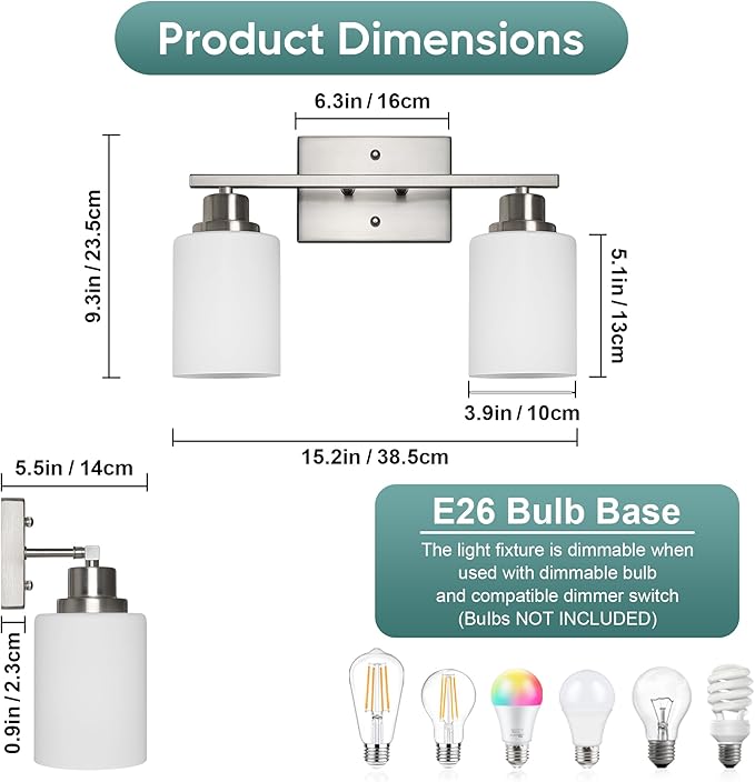 Ascher Bathroom Light Fixtures, 2-Light Vanity Light Over Mirror, Brushed Nickel Wall Sconces with Milky White Frosted Glass Shades, Wall Lamp for Living Room Bedroom, E26 Base(Bulbs Not Included)