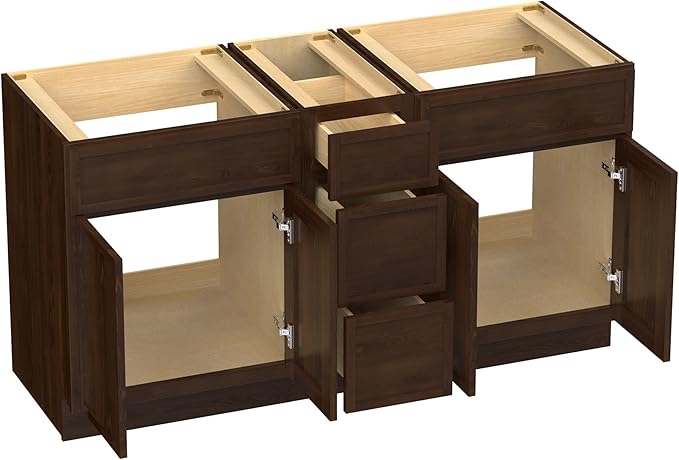 HomeBeyond 60 Inches Bathroom Vanity Base Cabinet Without Sink, Double Sink Top Sturdy Floor Mounted Cabinet with Door & Soft Closing Drawers,Brown, VA4124-2+VA4112-3
