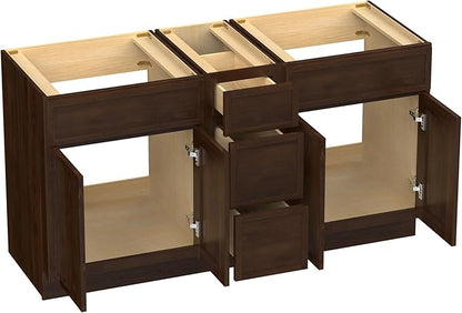 HomeBeyond 60 Inches Bathroom Vanity Base Cabinet Without Sink, Double Sink Top Sturdy Floor Mounted Cabinet with Door & Soft Closing Drawers,Brown, VA4124-2+VA4112-3