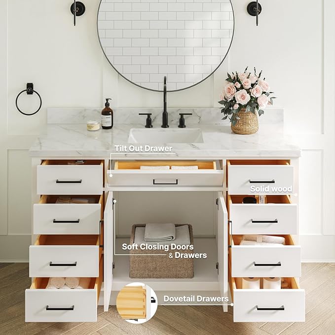 ARIEL Hepburn 60-inch Bathroom Vanity Base Cabinet,Solid Wood, 2 Soft Closing Doors, 9 Dovetail Drawers, White