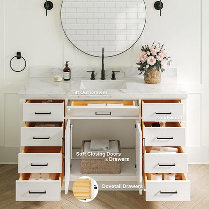ARIEL Hepburn 60-inch Bathroom Vanity Base Cabinet,Solid Wood, 2 Soft Closing Doors, 9 Dovetail Drawers, White