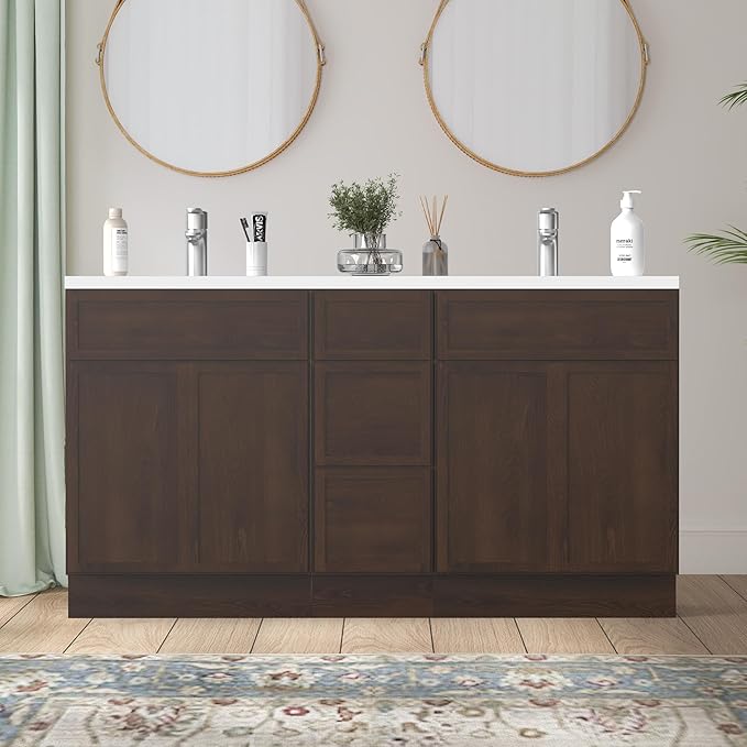 HomeBeyond 60 Inches Bathroom Vanity Base Cabinet Without Sink, Double Sink Top Sturdy Floor Mounted Cabinet with Door & Soft Closing Drawers,Brown, VA4124-2+VA4112-3