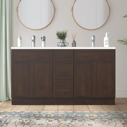 HomeBeyond 60 Inches Bathroom Vanity Base Cabinet Without Sink, Double Sink Top Sturdy Floor Mounted Cabinet with Door & Soft Closing Drawers,Brown, VA4124-2+VA4112-3