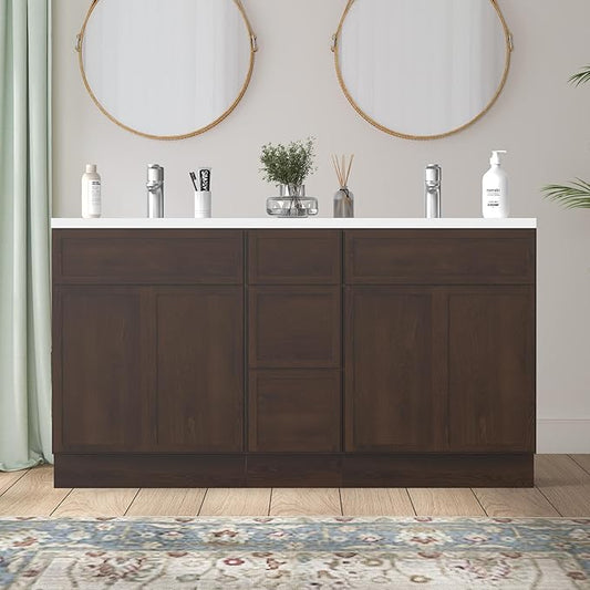 HomeBeyond 60 Inches Bathroom Vanity Base Cabinet Without Sink, Double Sink Top Sturdy Floor Mounted Cabinet with Door & Soft Closing Drawers,Brown, VA4124-2+VA4112-3