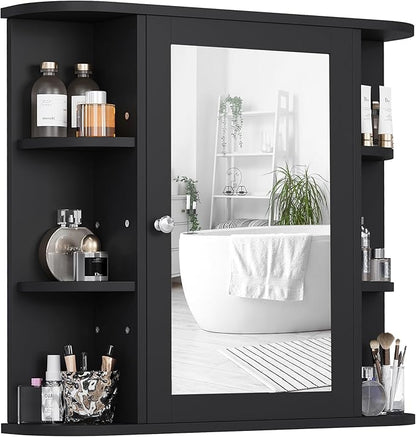 Shintenchi Bathroom Wall Cabinet with Mirror, Mounted Medicine Cabinets with 4 Internal and 6 Open Shelves, Mirrored Door Over The Toilet Storage, Black