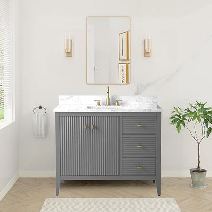 HOMEBEYOND 42" Bathroom Vanity with Sink, Solid Wood Bathroom Vanity Free-Standing Cabinet, Drawers, Ceramic Top & Soft Closing Door, Golden Brushed Handware, Cashmere Gray
