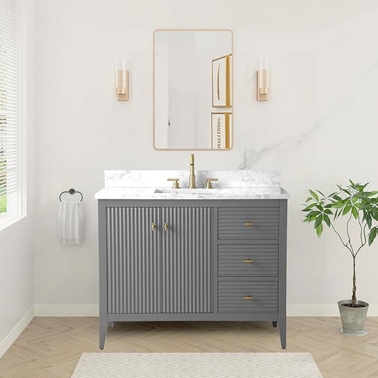 HOMEBEYOND 42" Bathroom Vanity with Sink, Solid Wood Bathroom Vanity Free-Standing Cabinet, Drawers, Ceramic Top & Soft Closing Door, Golden Brushed Handware, Cashmere Gray