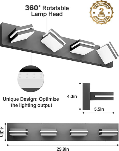 VOLISUN Modern 30-Inch Black Bathroom Vanity Light Fixtures, 4-Light, Cool White LED, Wall Mount, Touch Control