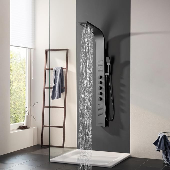 BWE Black Shower Tower Multifunction Shower Panel System | Stainless Steel Panel with Handheld Wand Rainfall Shower Head Wall Mount Shower Column