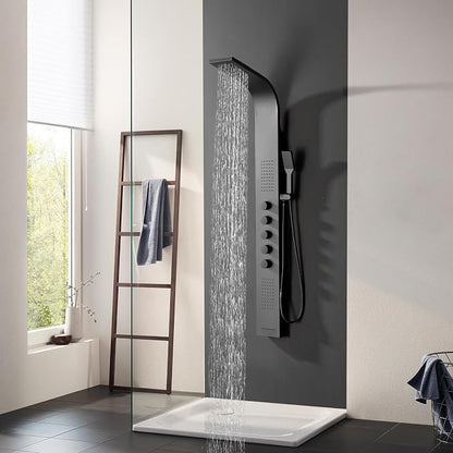 BWE Black Shower Tower Multifunction Shower Panel System | Stainless Steel Panel with Handheld Wand Rainfall Shower Head Wall Mount Shower Column