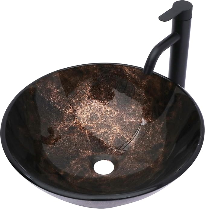 Logmey 16" Glass Bathroom Vessel Sink Vanity Countertop Round Bowl with Black Faucet and Chrome Pop up Drain Set,Glass Art Basin,Dark Bronze