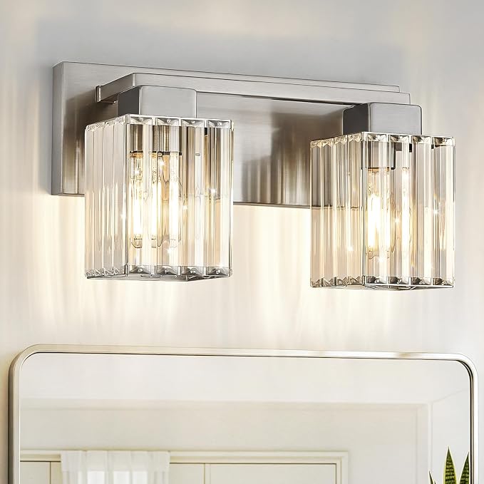 13.39" Bathroom Light Fixtures, Brushed Nickel Vanity Light Over Mirror | 2-Light Wall Sconces with Square Crystal Shades, E26 Socket, Modern Vanity Lights for Bathroom (Bulbs Not Included)