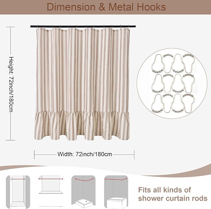 ORTIGIA Linen Textured Ruffle Shower Curtain 72x72 Inch with Metal Hooks, Vintage Cream-Brown Waterproof Bath Curtain for Rustic Farmhouse Bathroom Decor