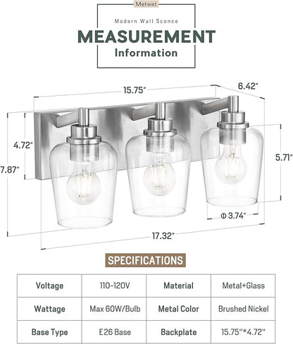 Bathroom Light Fixtures, 3-Light Modern Vanity Light with Clear Glass Wine Glass-Shaped Shade, Vanity Lighting Fixtures Over Mirror, Brushed Nickel, VL155-BN-3