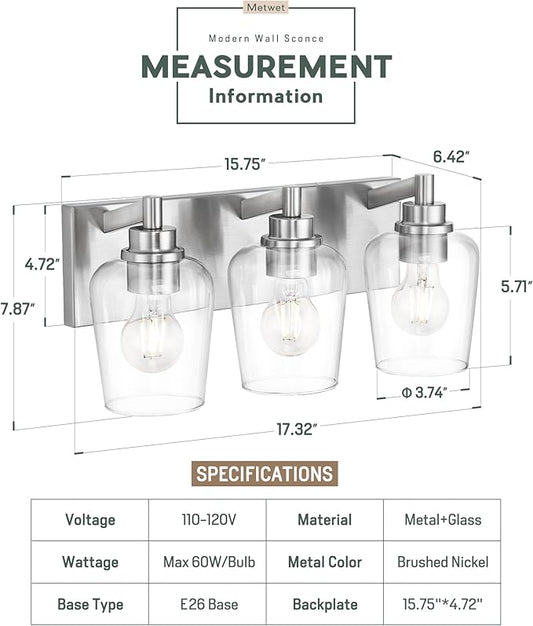 Bathroom Light Fixtures, 3-Light Modern Vanity Light with Clear Glass Wine Glass-Shaped Shade, Vanity Lighting Fixtures Over Mirror, Brushed Nickel, VL155-BN-3