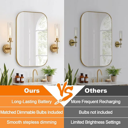 MOKATNG Battery Operated Wall Sconce Set of 2，Gold Wireless Rechargeable Wall Lighting Fixtures with Remote Control，Dimmable Wall Light for Bathroom ，Vanity, Living Room, Bedroom, Hallway, Stairway