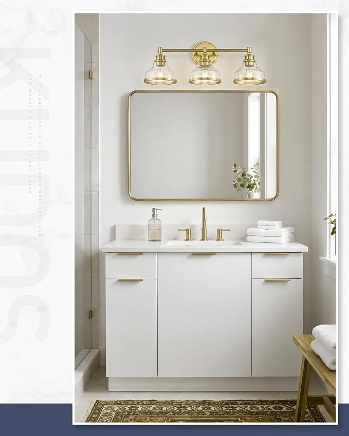 kudos 3-Light Brushed Gold Vanity Light, Clear Glass Shade | 24" bathroom light fixtures over mirror, upward or downward, E26 base, bulbs not included, Hardwired, KDVL20-GD-3