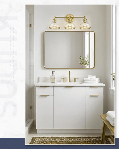 kudos 3-Light Brushed Gold Vanity Light, Clear Glass Shade | 24" bathroom light fixtures over mirror, upward or downward, E26 base, bulbs not included, Hardwired, KDVL20-GD-3