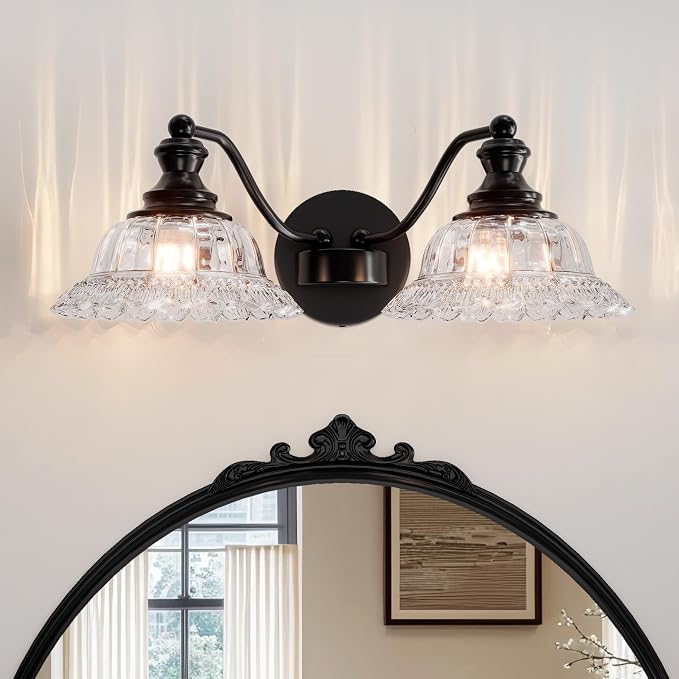 2 Lights Bathroom Vanity Light Fixtures, Vintage Black Vanity Lights for Bathroom, Farmhouse Antique Light Fixtures Over Mirror with Crystal Glass Shade
