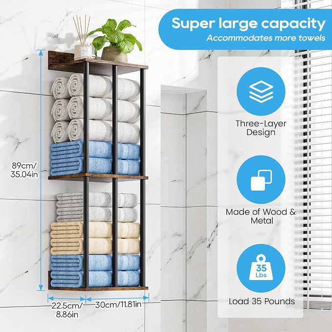 Towel Racks for Bathroom Wall Mounted with Wooden Storage Shelf | Updated 3 Bar Metal Towel Holder for Rolled Towels, Sturdy and Large Capacity, Towel Storage Organizer