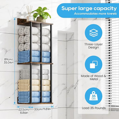 Towel Racks for Bathroom Wall Mounted with Wooden Storage Shelf | Updated 3 Bar Metal Towel Holder for Rolled Towels, Sturdy and Large Capacity, Towel Storage Organizer