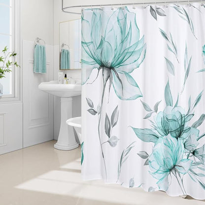 Litabel Long Boho Watercolor Floral Shower Curtain 72 x 78, Teal Blue and Grey Ink Painting Style Flower Shower Curtains for Chic Elegant Bathroom, Artistic 78 Inch Long Fabric Shower Curtain