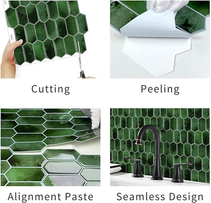 10-Sheet Long Hexagon Peel and Stick Kitchen Backsplash Tiles | 3D Waterproof Self-Adhesive Wall Tile Stick on Backsplash for Kitchen, Bathroom, Fireplace,RV(Dark Green,12"×12")
