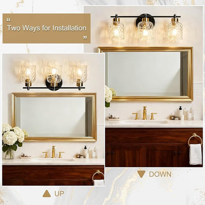 3 Light Black and Brass Bathroom Light Fixtures with Hammered Glass Mirror | 21.2" Black and Gold Farmhouse Vanity Light, Vanity Lighting Fixtures, Rustic Vanity Lights for Bathroom Lights for Makeup