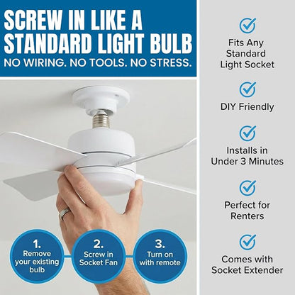 SOCKET BREEZE 15.4" Socket Fan Light Celing Fan with Remote Control | 1000 Lumens, 3 Speed & Light Modes, Portable Easy to Install Ceiling Fans Replacement for Bedroom, Bathroom, Living Room