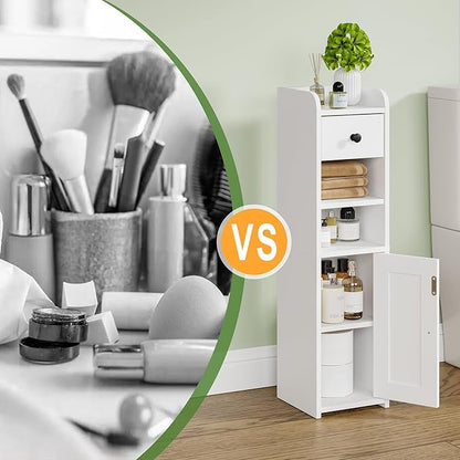 Small Bathroom Storage Cabinet,Narrow Toilet Paper Holder,Corner Floor Cabinet with Doors and Drawer for Small Space,Adjustable Shelf Organizer,7.75L*7.75D*29.6H,White