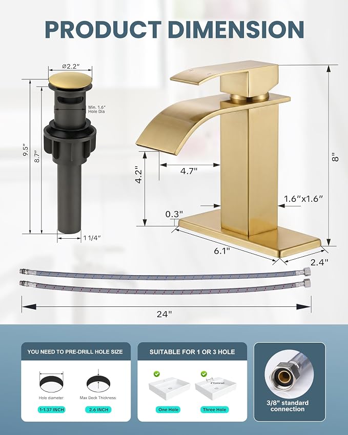 Brushed Gold Waterfall Bathroom Faucet - ARCORA Single Handle Bathroom Sink Faucet Mixer Tap Lavatory Vanity Sink Faucet with Deck Plate and Pop Up Drain, 1 or 3 Hole