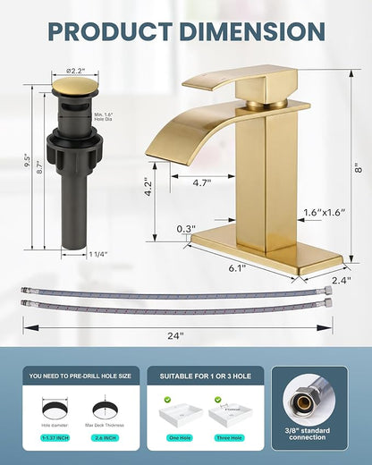 Brushed Gold Waterfall Bathroom Faucet - ARCORA Single Handle Bathroom Sink Faucet Mixer Tap Lavatory Vanity Sink Faucet with Deck Plate and Pop Up Drain, 1 or 3 Hole