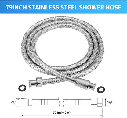 79 Inch Extra Long Stainless Steel Shower Hose - Flexible & Wear-Resistant with Chrome shower head with hose Plated Nut & Insert