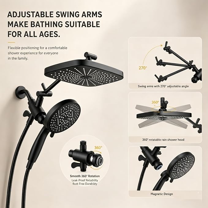 High Pressure Shower Head with Handheld, Upgrade Rain Shower Heads with Fixed Showerhead Combo, 10 Sprays Handheld Shower Head Built in Power Jets, 71" Long Hose, Matt Black