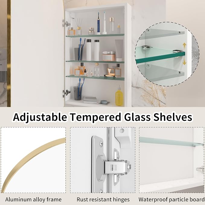 Arched Medicine Cabinet with Mirror Left or Right Opening,Bathroom Medicine Cabinet Wall Mounted,Bathroom Mirror with Storage and Adjustable Shelves,15.7x29.5 Not Recessed,Gold