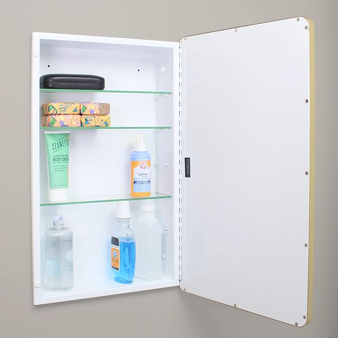 16x26 Austin Farmhouse Metal Framed Rounded Rectangle Recessed Bathroom Medicine Cabinet, Beveled Mirror, 14x24 in-Wall Opening, powder-coated Steel, Adjustable Glass Shelves, Magnet Close, Gold