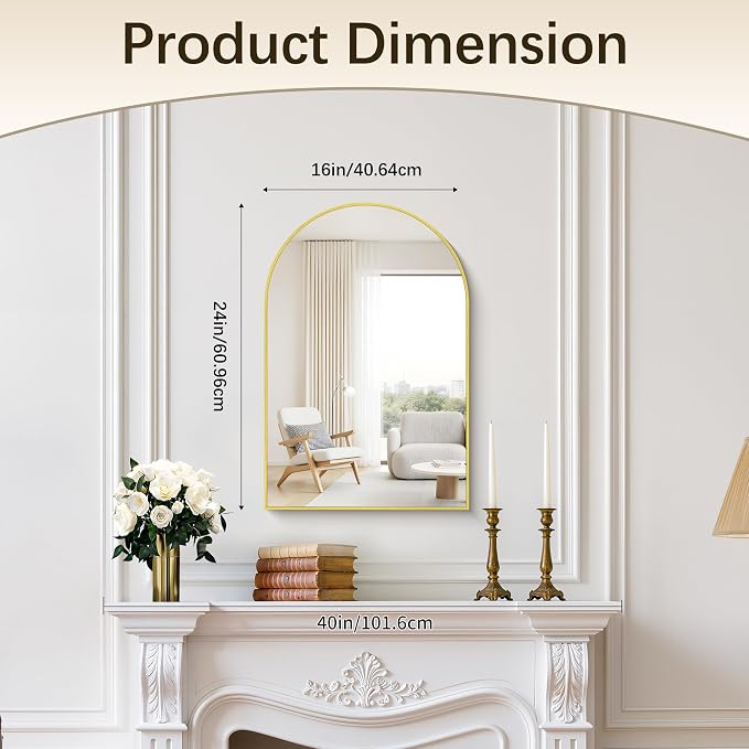 Arched Bathroom Mirror 16x24 Inch, Bathroom Mirror for Over Sink, Wall Mounted Vanity Mirror with Aluminum Frame & Tempered Glass, Ideal for Bedroom, Entryway, Living Room, Gold