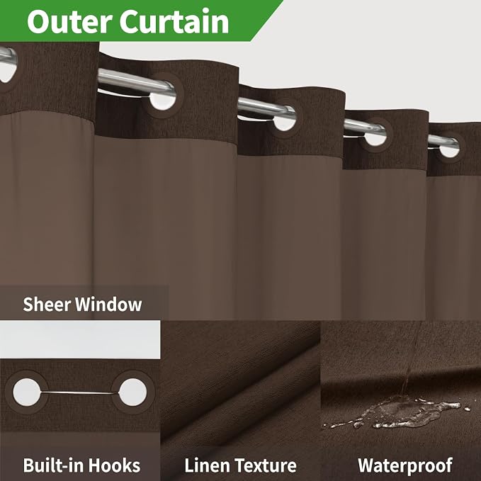 eachope No Hook Linen Texture Shower Curtain with Snap-in Liner,71x80 Brown | 230GSM Thick Fabric,Hotel Luxury Decor,Mesh Top Window,Magnetic Weighted Hem,Waterproof & Machine Washable,for Bathroom