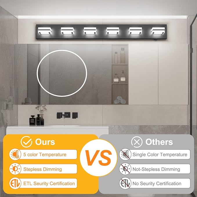 Ralbay 5 Color Temperature Black Bathroom Vanity Lights Fixtures Dimmable 40.4inch Acrylic Modern Matte Black Vanity Light for Bathroom 6 Lights