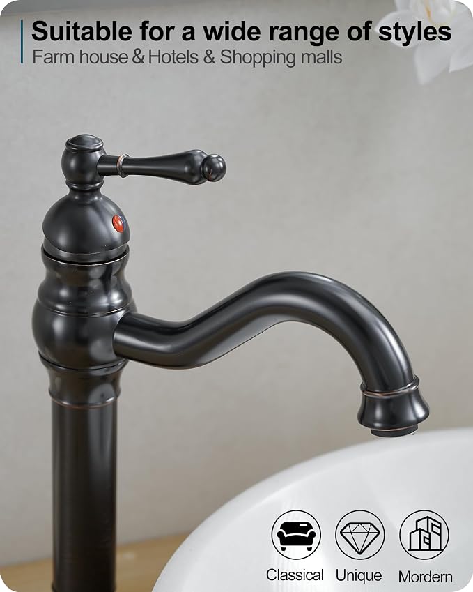 Oil Rubbed Bronze Bathroom Faucet 1 Hole, Brass Tall Bathroom Faucet Single Handle, 360 Degree Swivel Bath Faucet, Vessel Sink Faucet Bathroom Faucets with Pop-up Drain & Aerator for Farmhouse