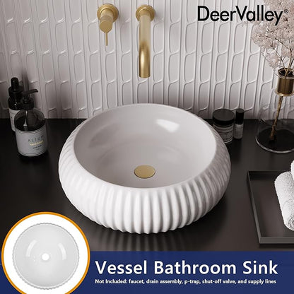 DeerValley 15.7 Inch White Round Ceramic Vessel Sink, Above Counter Porcelain Bathroom Vanity Bowl Art Basin (Without Sink Drain), DV-1V0223