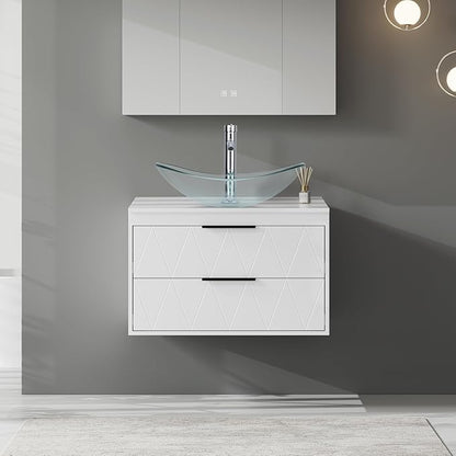 eclife 30" Floating Bathroom Vanities with Sink Combo, Wall Mounted Modern Cabinet W/Diamond Line Pattern Design, Clear Boat Glass Vessel Sink W/Water Save Faucet & Pop Up Drain, White