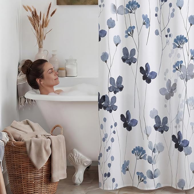 No Hook Floral Shower Curtain with Liner, Blue White, 71x74 | Snap in Liner, 3 in 1, Water Repellent, Easy Install, Machine Washable, Hotel Style for Bathroom, Watercolor Pattern
