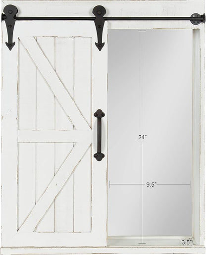 Kate and Laurel Cates Decorative Wood Wall Storage Cabinet with Rectangle Mirror and Sliding Barn Door, 22 x 28, Rustic White, Farmhouse Decor for Wall Storage