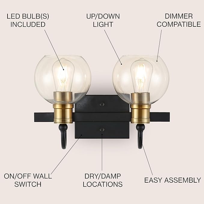 JONATHAN Y 14.5" Black/Brass Gold Vintage Wall Sconce, LED Vanity Light for Bathroom Bedroom Entryway, Clear Glass Globe Shade, Modern Industrial Arched Lamp, LED Bulb Included (JYL3527A)