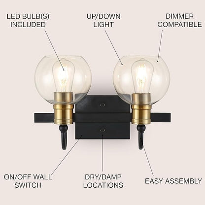 JONATHAN Y 14.5" Black/Brass Gold Vintage Wall Sconce, LED Vanity Light for Bathroom Bedroom Entryway, Clear Glass Globe Shade, Modern Industrial Arched Lamp, LED Bulb Included (JYL3527A)