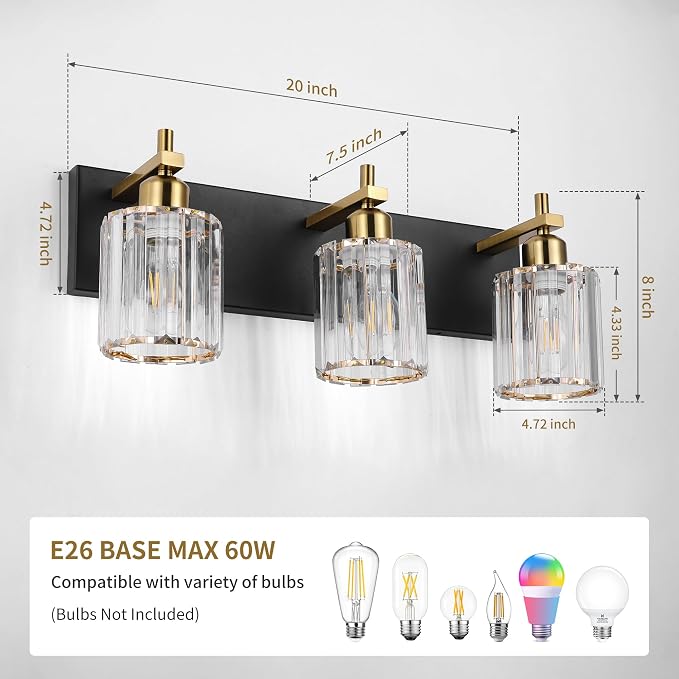 Black and Gold Crystal Bathroom Vanity Lights, 3-Lights Bathroom Light Fixture Over Mirror, 20 Inch Modern Farmhouse Vanity Light, Brass Gold Bath Wall Sconce for Bath Mirror Kitchen Hallway Cabinet