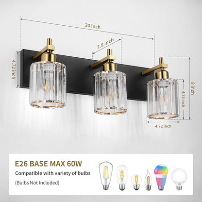 Black and Gold Crystal Bathroom Vanity Lights, 3-Lights Bathroom Light Fixture Over Mirror, 20 Inch Modern Farmhouse Vanity Light, Brass Gold Bath Wall Sconce for Bath Mirror Kitchen Hallway Cabinet