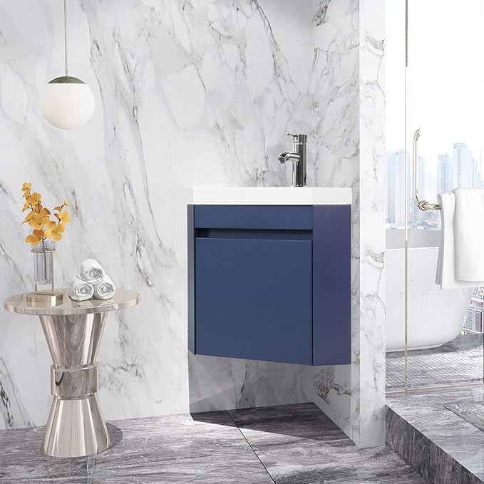 wonline 16" Corner Bathroom Vanity Sink Combo for Small Space Wall Mounted Cabinet Set Design Navy Resin Basin Sink Top Chrome Faucet and Drain